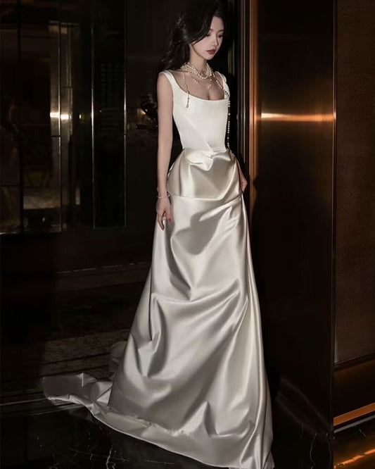 French Style White Satin A Line Elegant Prom Dress J2843