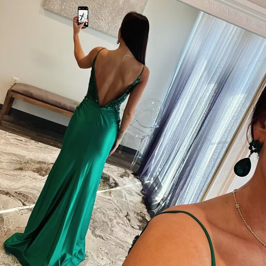 Spaghetti Straps Green Satin Long Mermaid Prom Dress With Applique J2819