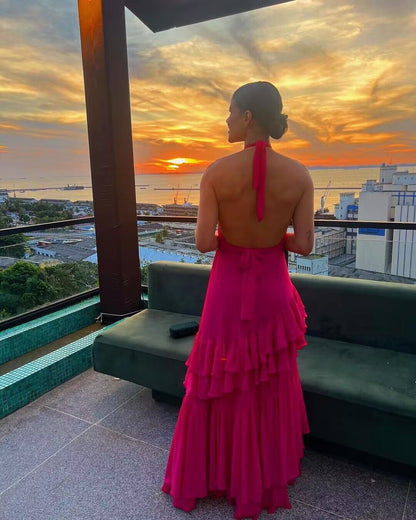 Neckholder Hot Pink A-Linie Rüschen Langes Ballkleid J2805