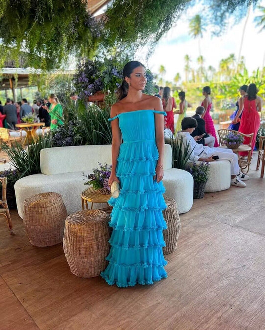 Off The Shoulder Blue A Line Layered Long Prom Dresses J2774