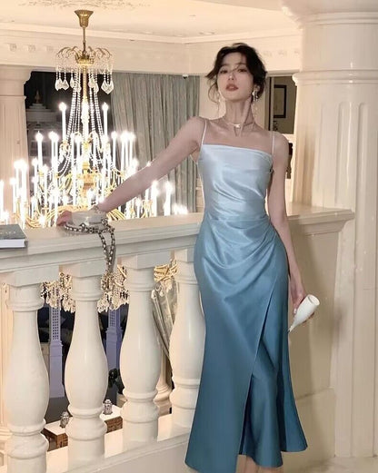 Robe de bal sirène longue à bretelles spaghetti et dégradé de bleu J2775