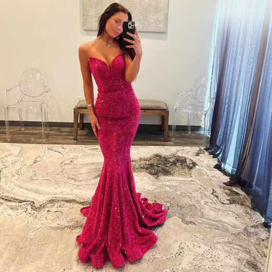 Rose Red Velvet Sequin Mermaid Evening Dress Long Prom Dresses J2777