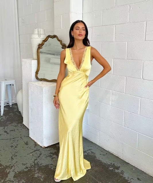 V Neck Yellow Sheath Long Prom Dresses J2780