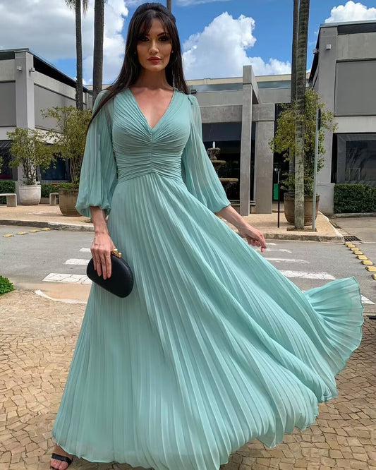 V Neck Tiffany Blue Pleated A Line Prom Dress J2786