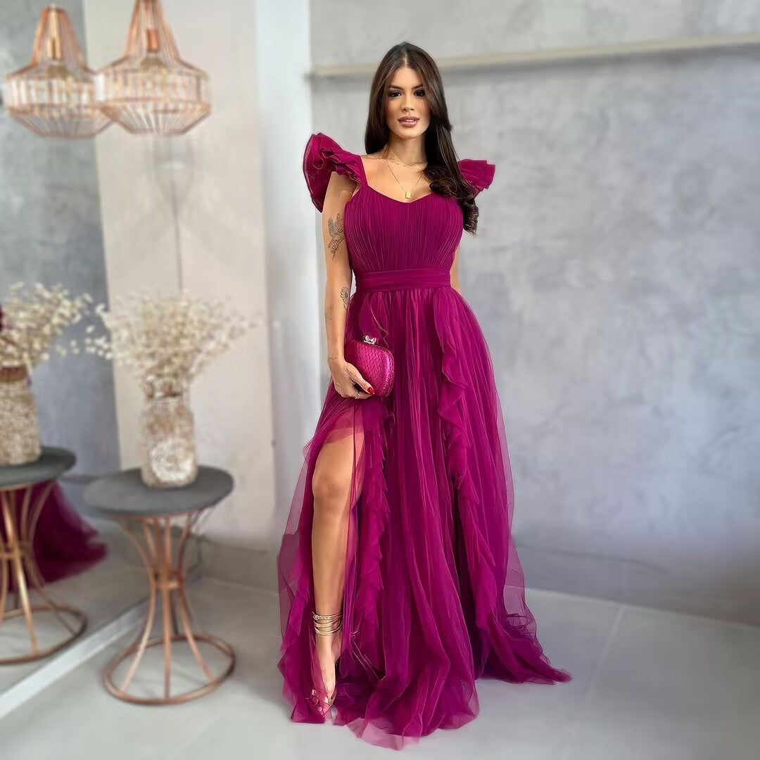 Fuchsia A Line Long Prom Dresses With Slit J2791