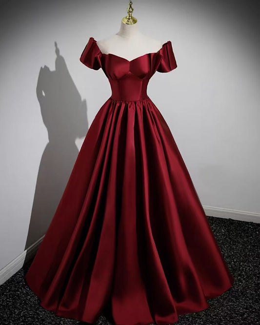 Burgundy A Line Satin Long Prom Dress Birthday Party Gown J2793