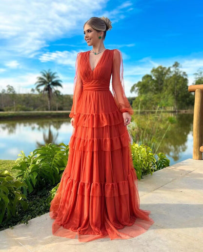 Rust Red V Neck A Line Tulle Long Prom Dress J2794