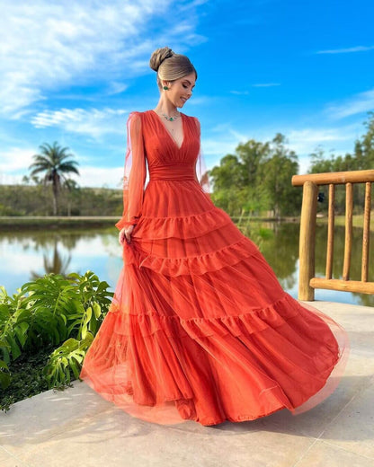 Rust Red V Neck A Line Tulle Long Prom Dress J2794