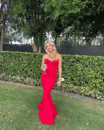 Sweetheart Strapless Red Mermaid Long Prom Dresses J2795
