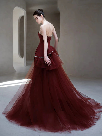 Robe de soirée bordeaux bustier à perles J7100