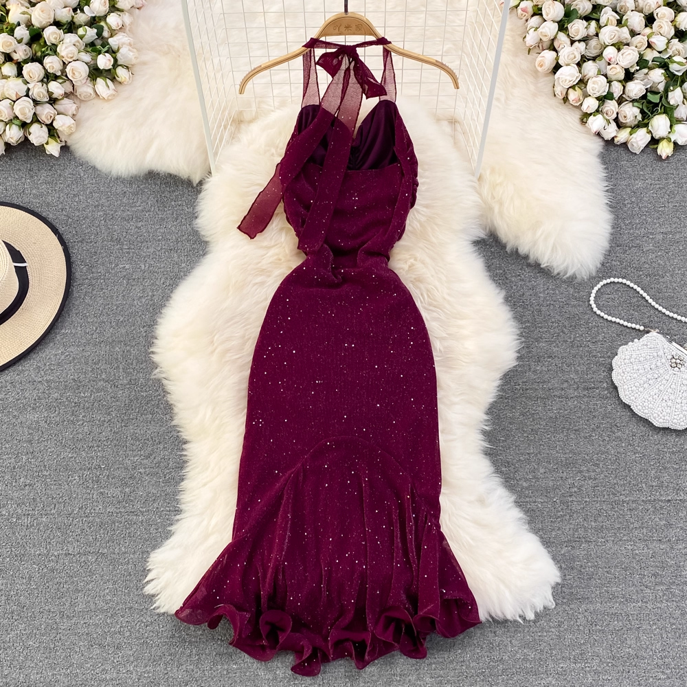 Halter Neck Backless Evening Gown Sequined Mermaid Dress L46