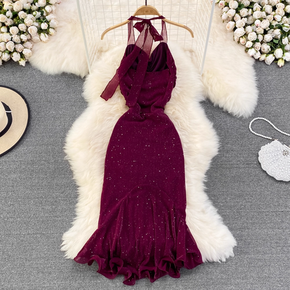 Halter Neck Backless Evening Gown Sequined Mermaid Dress L46