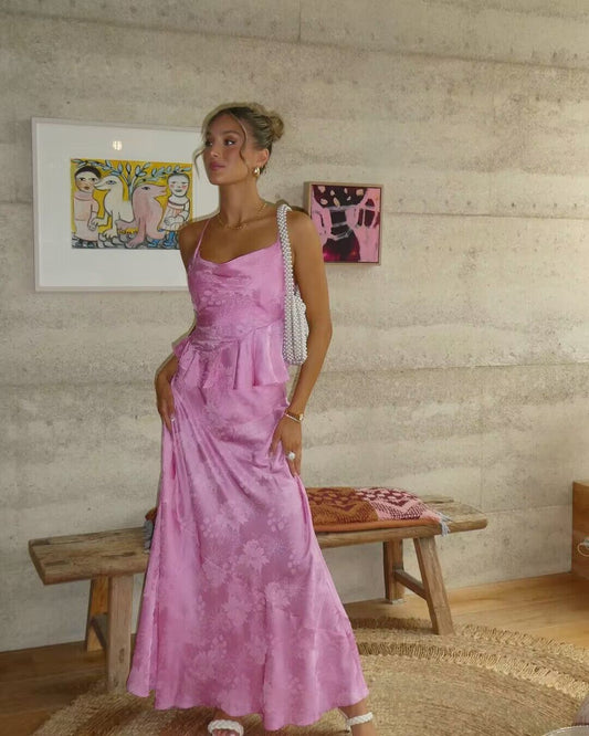 Pink A Line Satin Printed Long Prom Dress Party Dress J2878