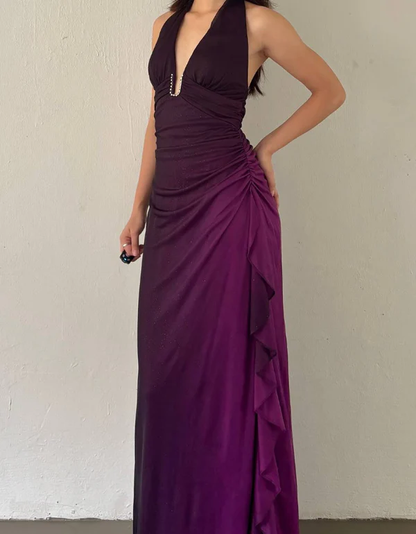 Sheath Halter Purple Chiffon Long Prom Dress Vintage Evening Dress J7109