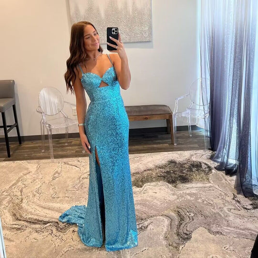 Blue Sequin Sheath Long Prom Dress With Slit J2882