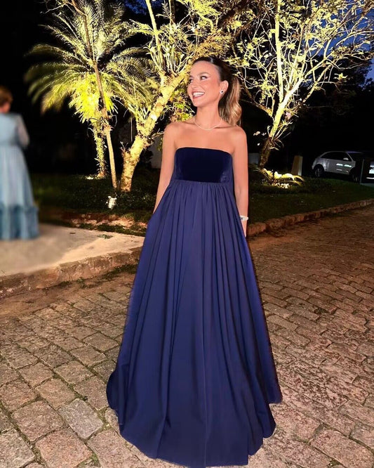 Strapless A Line Navy Long Prom Dress J2886