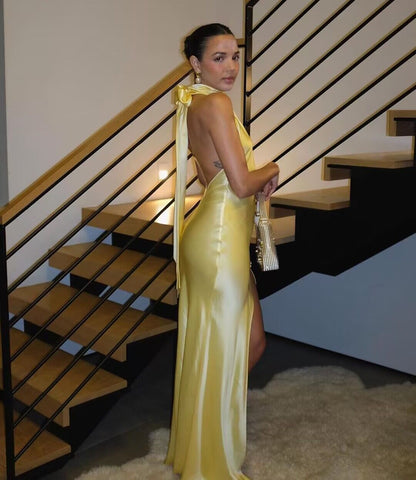 Halter Yellow Mermaid Long Prom Dress J2887