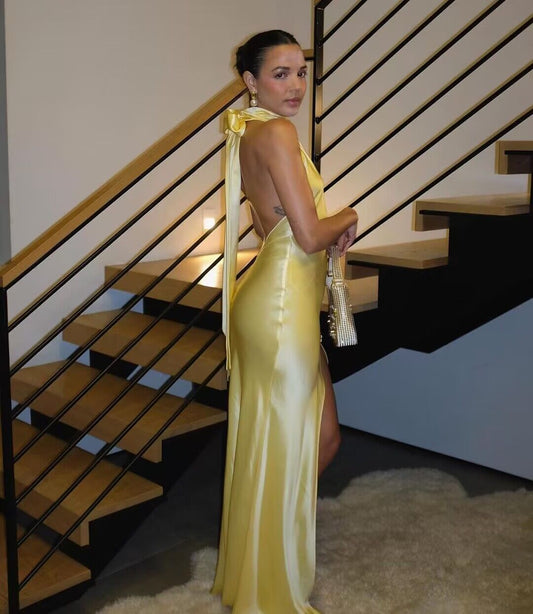 Halter Yellow Mermaid Long Prom Dress J2887