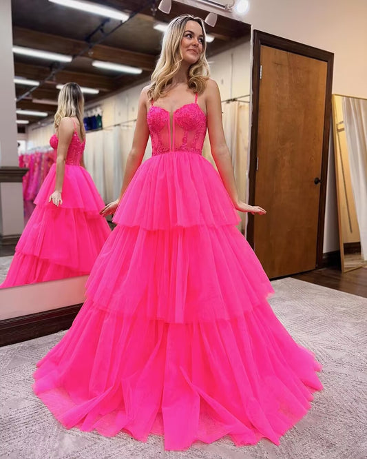 A Line Hot Pink Tulle Prom Dress Birthday Party Gown J2893