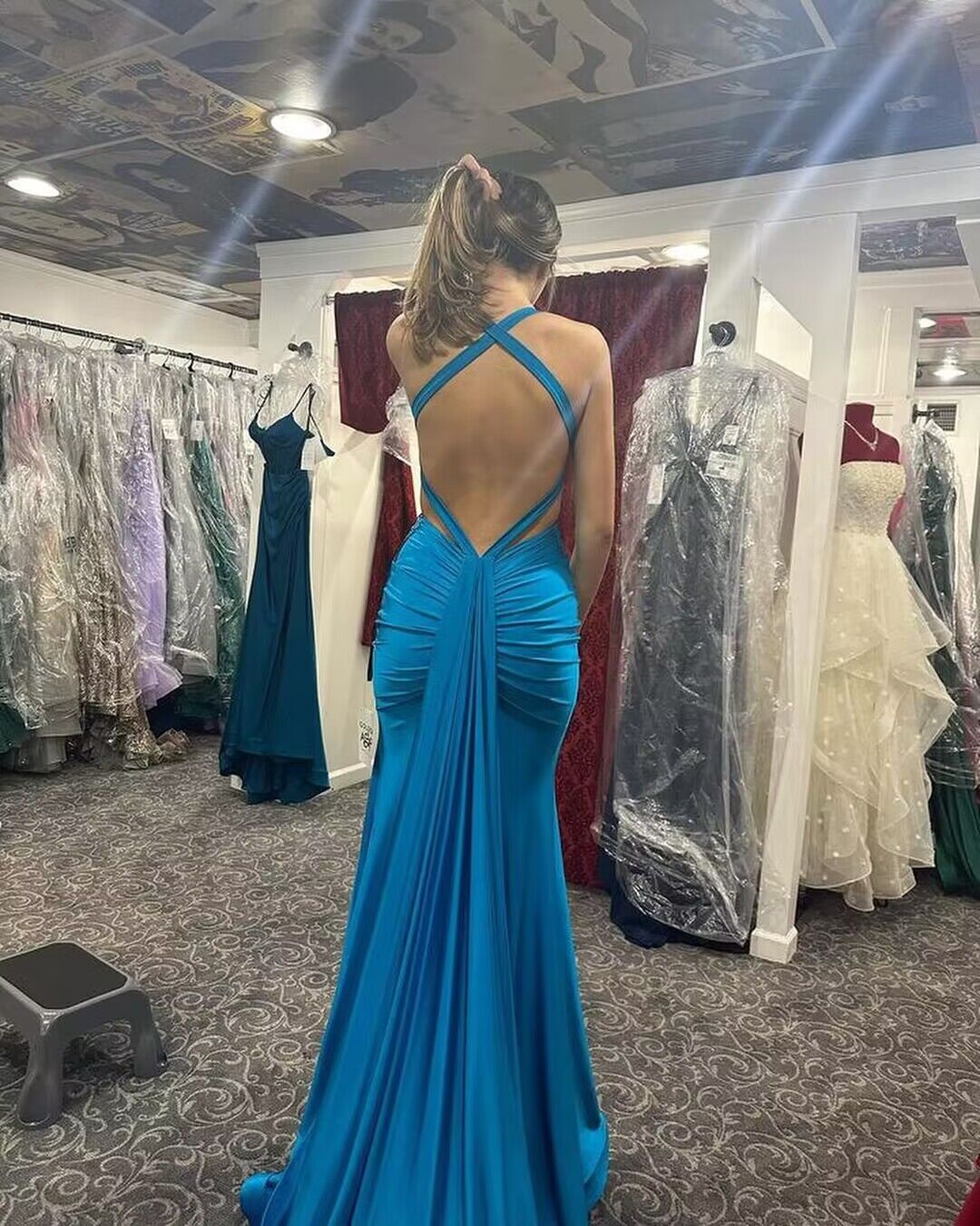 Blue V Neck Mermaid Long Prom Dresses J2895