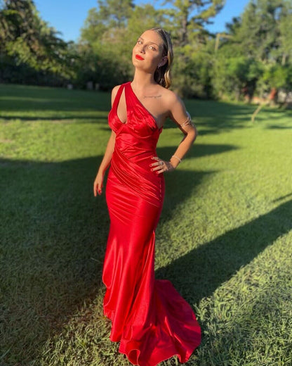 Robe de bal longue sirène rouge asymétrique J2899