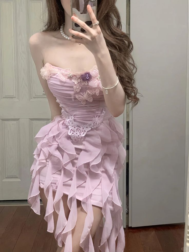 Rosa trägerloses Chiffon-Bodycon-Heimkehrkleid J7751