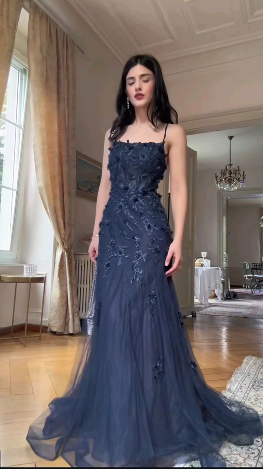 Navy Blue Tulle Evening Dresses Mermaid Long Prom Party Gown J8240
