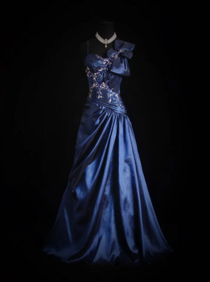 Navy Blue A Line Long Prom Dress Beaded Evening Dress J8661