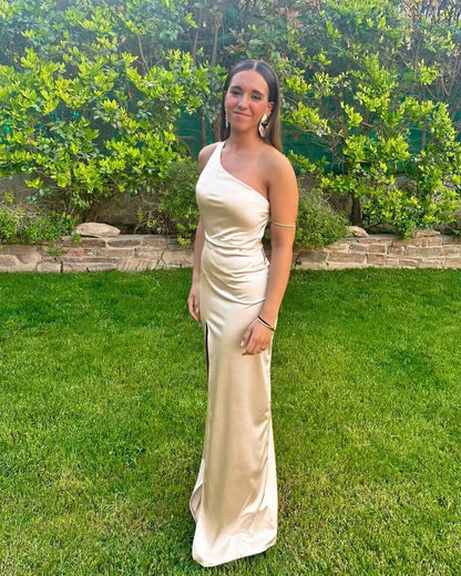 One Shoulder Light Champagne Sheath Prom Dress With Slit J2900