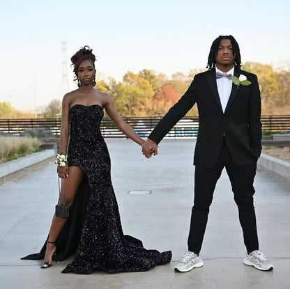 Robe de bal longue sirène noire à sequins et bretelles J2901