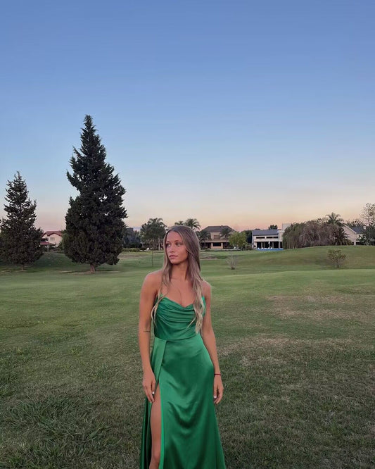 A Line Green Satin Long Prom Dress With Slit J2905