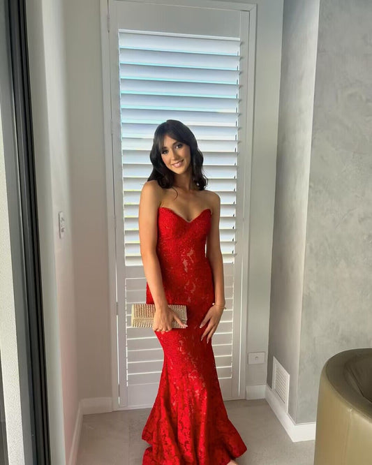 Strapless Red Lace Mermaid Long Prom Dress J2906