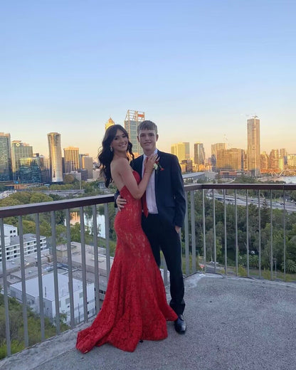 Strapless Red Lace Mermaid Long Prom Dress J2906