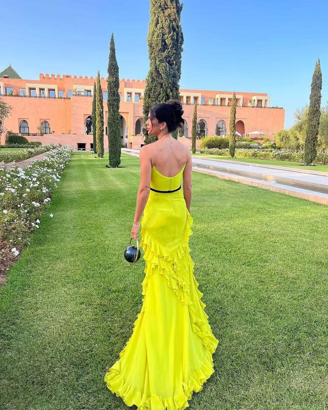 Strapless Yellow Ruffled A Line Long Prom Dress J2907