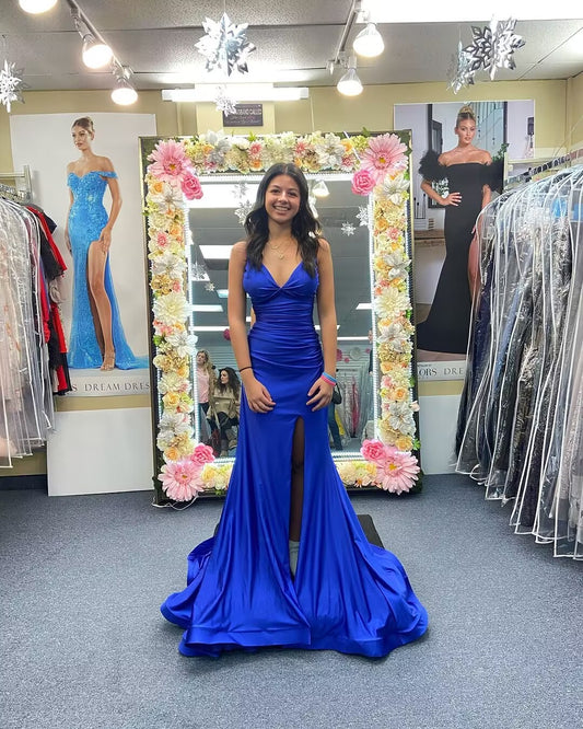 V Neck Mermaid Blue Long Prom Dress With Slit J2915