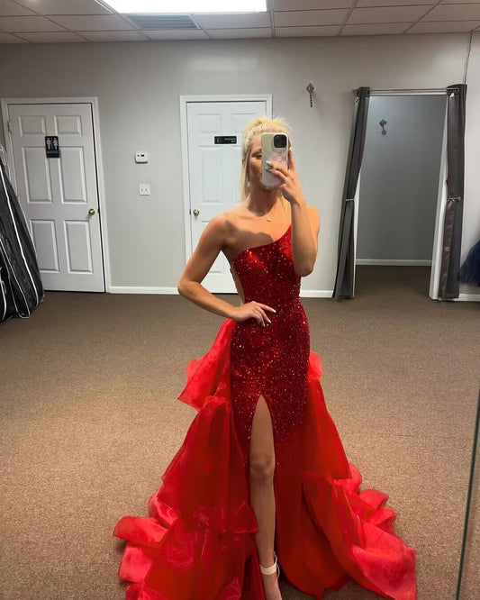 One Shoulder A Line Red Sequin Long Prom Dress With Slit J2916