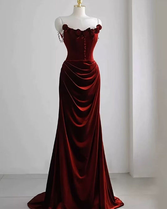 Burgundy Mermaid Velvet Long Prom Dress Elegant Birthday Party Dress J2919