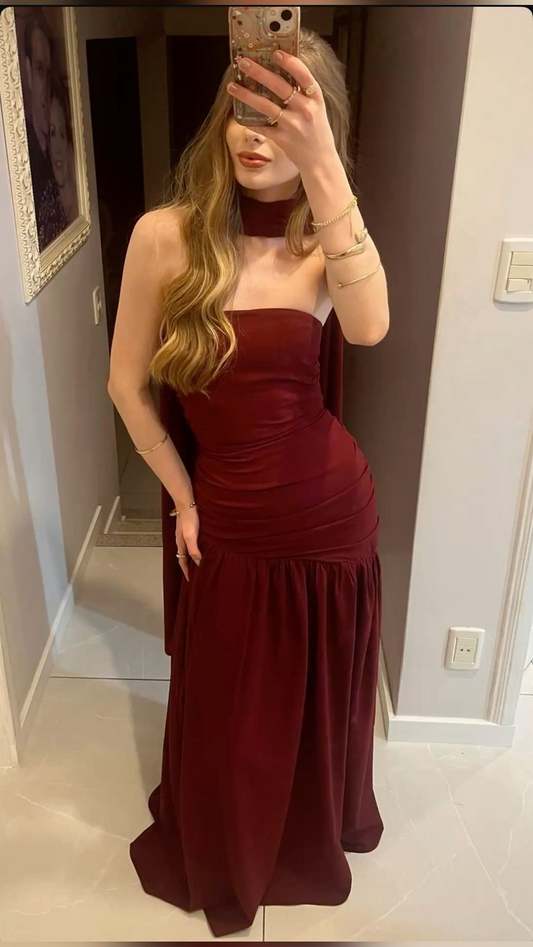 Burgunderrotes, schlichtes, langes Ballkleid, formelles Partykleid J8791