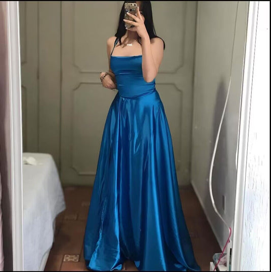 A Line Blue Satin Long Prom Dress With Slit J2923