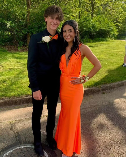 V Neck Orange Mermaid Long Prom Dress J2928