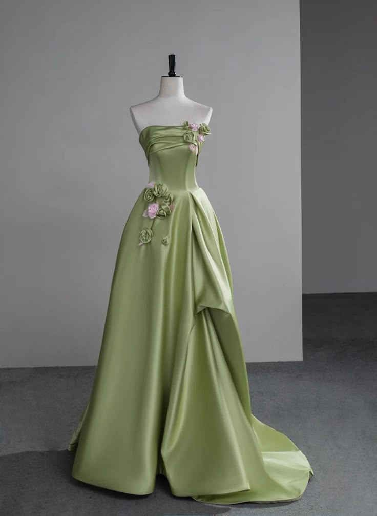 Robe de soirée trapèze en satin vert à fleurs, jolie robe de bal longue pour adolescente J8376