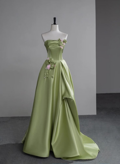 Robe de soirée trapèze en satin vert à fleurs, jolie robe de bal longue pour adolescente J8376