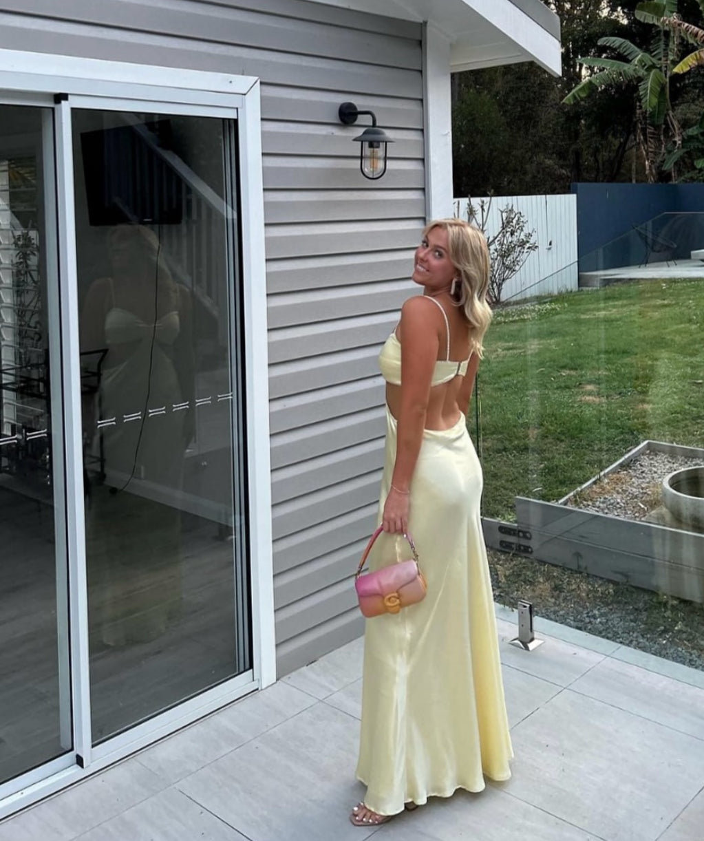 Spaghetti Straps Yellow Satin Long Prom Dress Sheath Evening Dress J8015