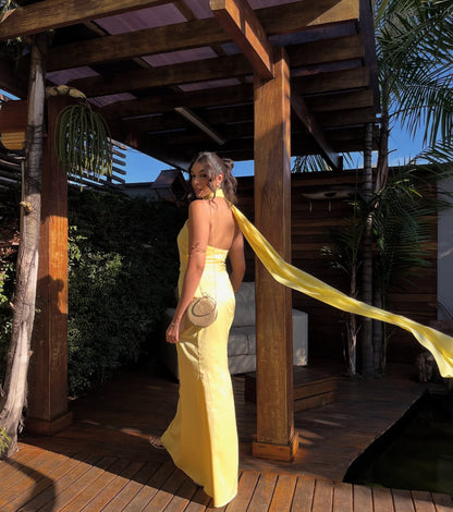 Robe de bal longue sirène jaune dos nu, robe d'invitée de mariage J8057