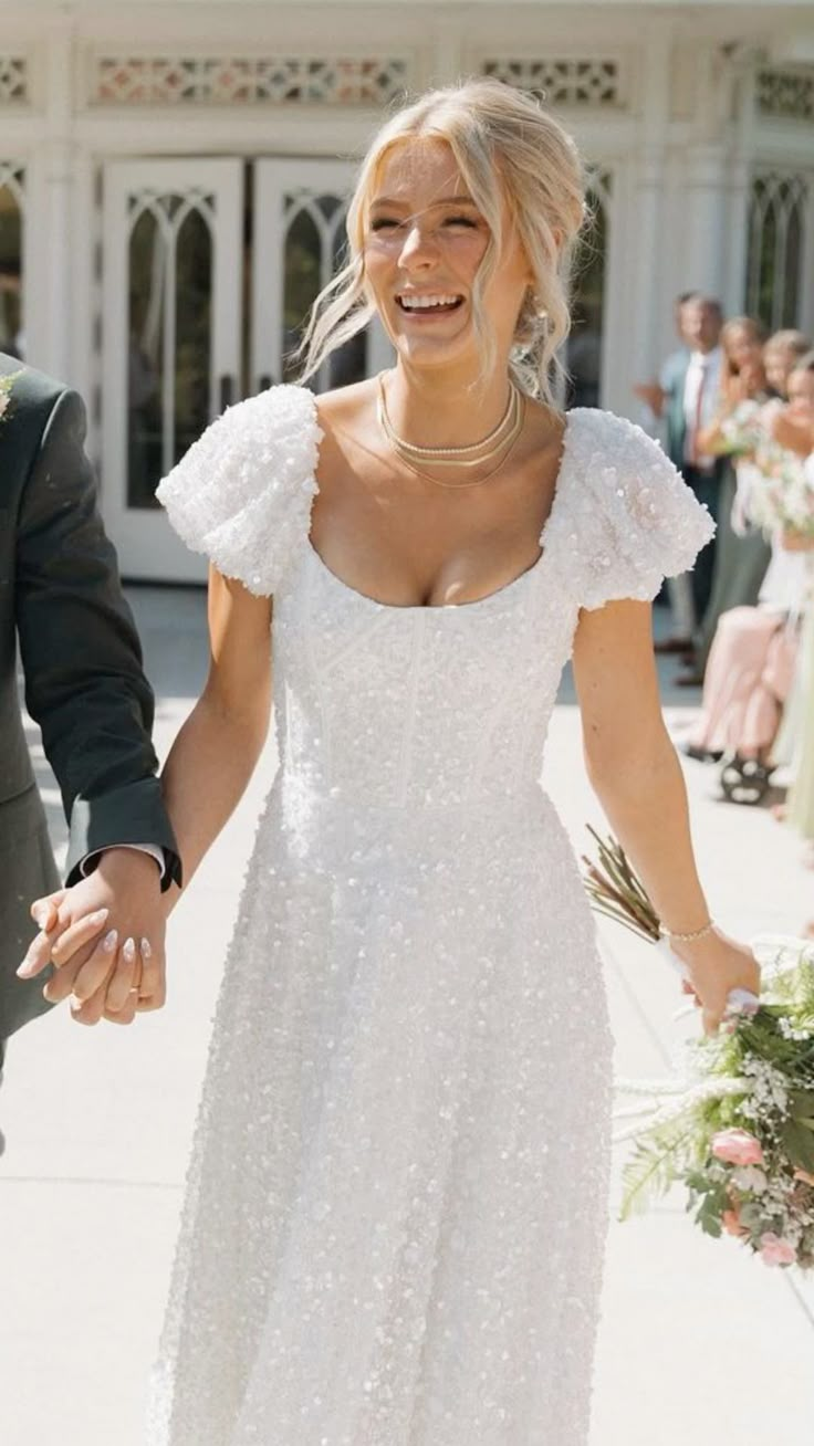 A Line White Sequin Wedding Dress Elegant Bridal Dress J8136