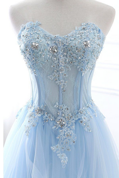 Light Blue Applique Long Prom Dress Tulle Formal Dress J8460