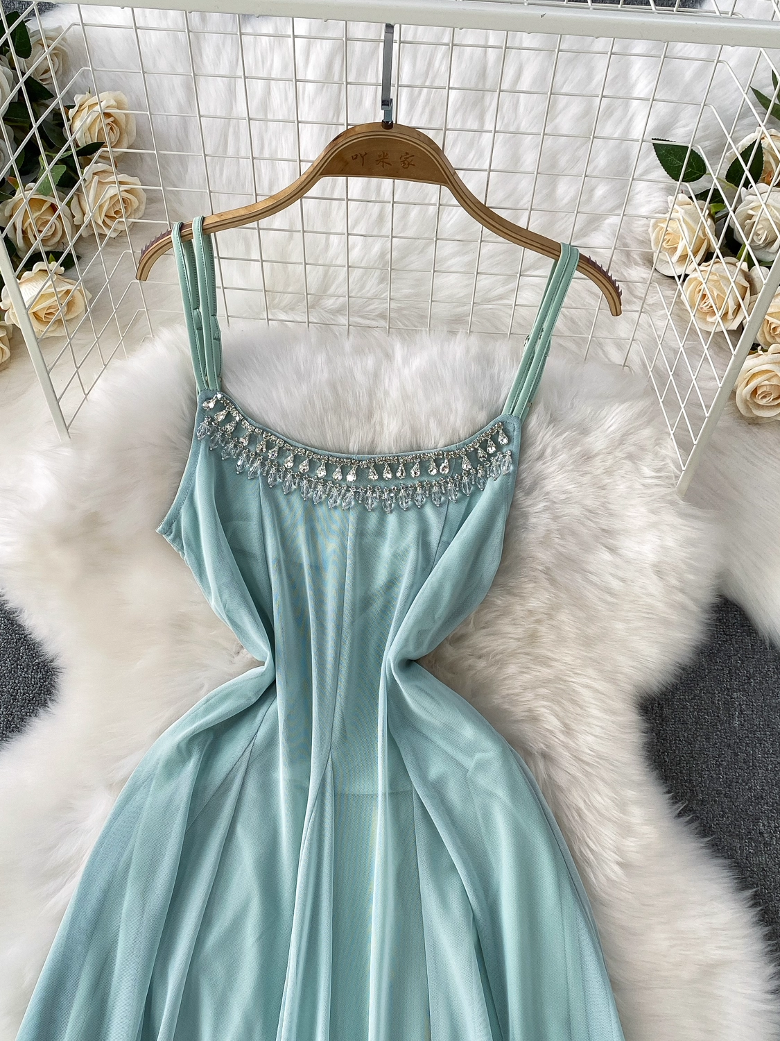 Light Blue Spaghetti Strap Dress Mesh Holiday Maxi Dress L44