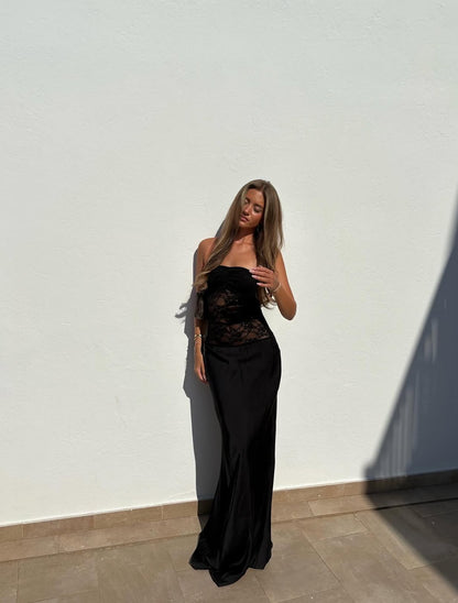 Strapless Sheath Black Lace Prom Dress Formal Birthday Dress J8009