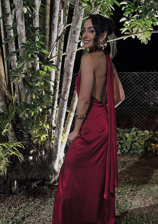 Neckholder Burgunderrot Rückenfreies Langes Ballkleid Sexy Abendkleid J7976