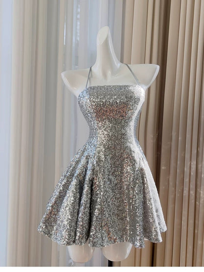 Robe de soirée courte à paillettes argentées, coupe trapèze, tenue d'anniversaire J7658